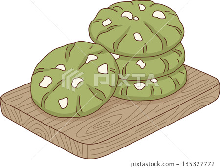 Matcha Green Tea Cookies with White Chocolate Chips Illustration on Wooden Board for Bakery and Cafe Dessert 135327772