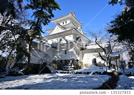 晴空萬裡,白雪皚皚,大垣城塔樓巍峨聳立 晴空萬裡,白雪皚皚,大垣城塔樓巍峨聳立 135327855
