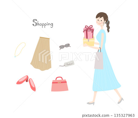 A woman walking with a gift box and fashion accessories 135327963
