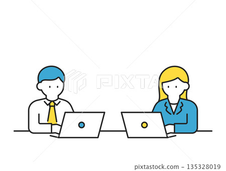 Male and female office workers operating laptops Male and female office workers operating laptops 135328019