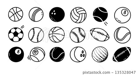 Sport balls doodle. Hand drawn soccer, basketball and football, volleyball and tennis, baseball and cricket, softball and bowling, billiard and rugby sketch game equipment. Vector isolated set Sport balls doodle. Hand drawn soccer, basketball and football, volleyball and tennis, baseball and cricket, softball and bowling, billiard and rugby sketch game equipment. Vector isolated set 135328047