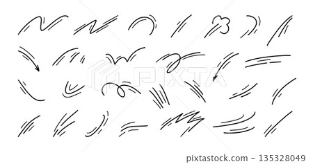Speed motion doodle set. Sketch wind swoosh trails and fast dynamic curves for comic action, anime impact effects, cartoon manga energy highlight, gust. Hand drawn kinetic strokes vector isolated set 135328049