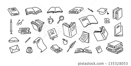 Books doodles. Hand drawn book stacks and graduation caps for education concept, school sticker and library or learning art. Doodle symbols for reading, knowledge elements vector isolated set 135328053