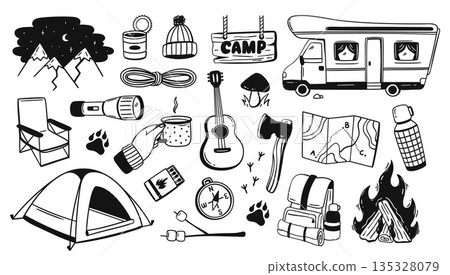 Camping doodle. Hand drawn tents and campfires for adventure travel banners, tourism design, outdoor or hike. Vector outline set for forest trekking logo, backpack isolated nature elements Camping doodle. Hand drawn tents and campfires for adventure travel banners, tourism design, outdoor or hike. Vector outline set for forest trekking logo, backpack isolated nature elements 135328079