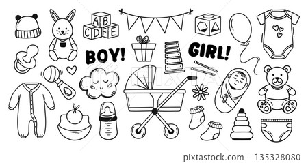 Baby accessories doodle with hand drawn stroller and pacifier for newborn, baby shower invitation and nursery or gender reveal design. Vector set of infant symbols for gift, kids clipart isolated set 135328080