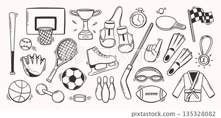 Sports equipment doodle. Line balls and baseball, soccer and basketball, tennis and boxing gear for competition, fitness and winner, team sticker. Vector symbols for game, workout logo, athletic art 135328082