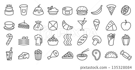 Food and drink line icons. Fast food and beverage, outline meals and and bakery symbols for restaurant menu, cafe app design or bar sticker. Simple vector cuisine isolated set Food and drink line icons. Fast food and beverage, outline meals and and bakery symbols for restaurant menu, cafe app design or bar sticker. Simple vector cuisine isolated set 135328084