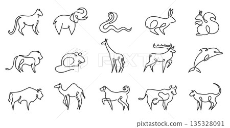 Animal continuous line, one line horse and snake, rabbit and squirrel, lion and mouse, giraffe and deer animals tattoo or logo. Outline elk, cow and elephant, bull and dog, cat monoline vector set 135328091