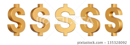 Golden dollar sign. 3D realistic gold dollar symbol views for finance banking banners, investment app UI and e-commerce payment or marketing presentation. Metallic money icon vector isolated set Golden dollar sign. 3D realistic gold dollar symbol views for finance banking banners, investment app UI and e-commerce payment or marketing presentation. Metallic money icon vector isolated set 135328092