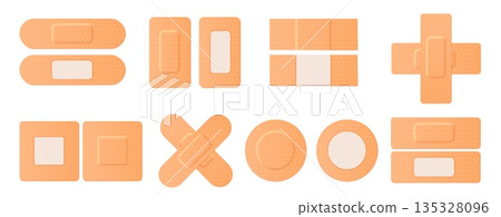Medical bandage, realistic adhesive plaster with sterile gauze for first aid wound, surgery and skin injuries, blister, antiseptic elastic medicine beige patch. Vector isolated template Medical bandage, realistic adhesive plaster with sterile gauze for first aid wound, surgery and skin injuries, blister, antiseptic elastic medicine beige patch. Vector isolated template 135328096