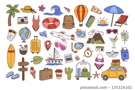 Travel icons. Airplane, suitcase and passport, palm tree for vacation journey, tourism poster and summer adventure. Hand drawn beach and hotel doodles for sticker, packaging and banner vector set Travel icons. Airplane, suitcase and passport, palm tree for vacation journey, tourism poster and summer adventure. Hand drawn beach and hotel doodles for sticker, packaging and banner vector set 135328102
