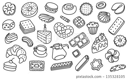 Dessert doodle sketch. Donut, croissant and macaron, cracker and biscuit, cake for bakery or cafe menu, cute packaging and confectionery branding. Hand drawn vector set, black outline for sweet food Dessert doodle sketch. Donut, croissant and macaron, cracker and biscuit, cake for bakery or cafe menu, cute packaging and confectionery branding. Hand drawn vector set, black outline for sweet food 135328105