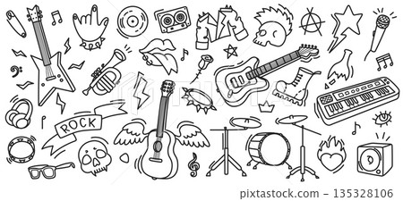 Rock music doodle. Guitar, skull and crown for punk art, grunge texture, and vintage tattoo, sticker. Vector set of fun fire, heart and microphone for cool background, jacket graphic or graffiti Rock music doodle. Guitar, skull and crown for punk art, grunge texture, and vintage tattoo, sticker. Vector set of fun fire, heart and microphone for cool background, jacket graphic or graffiti 135328106