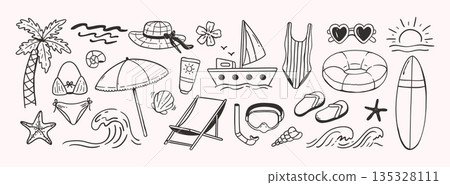 Doodle beach and surf icon. Sea travel with adventure palm tree and waves, hat and flower, sailboat and swimsuit, sunglasses and sun, bikini and umbrella, shell and snorkel mask hand drawn vector set 135328111