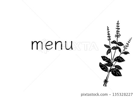 Hand-drawn monochrome illustrations of basil (frames, wreaths, patterns, etc.) Hand-drawn monochrome illustrations of basil (frames, wreaths, patterns, etc.) 135328227