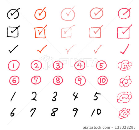 Set of handwritten check marks, numbers and flower circles 135328293