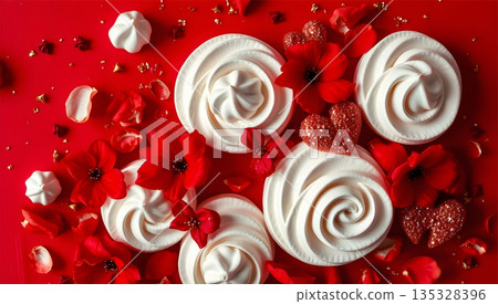 Swirls of white meringues red background, red flower petals and small hearts. The meringues smooth, glossy texture, petals and hearts add festive, romantic touch with shades of red and gold 135328396
