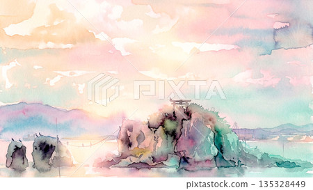 一座漂浮在海面上的神社，在夕陽中閃耀 135328449