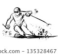 水墨風格的高山滑雪插圖，充滿活力的冬季運動插圖 135328467
