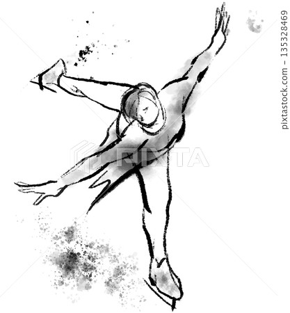 水墨風格的花式滑冰插圖，展現動感十足的冬季運動。 135328469