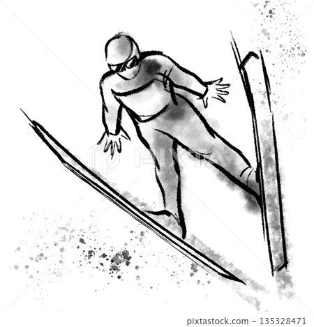 An illustration of ski jumping in ink painting style, a dynamic winter sports illustration An illustration of ski jumping in ink painting style, a dynamic winter sports illustration 135328471