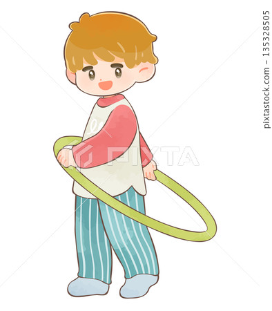 Boy playing with a hula hoop indoors Boy playing with a hula hoop indoors 135328505
