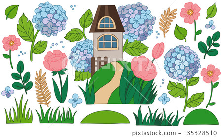A set of vector illustrations featuring a cute house and flowers. A meadow with hydrangeas and roses. A set of vector illustrations featuring a cute house and flowers. A meadow with hydrangeas and roses. 135328510