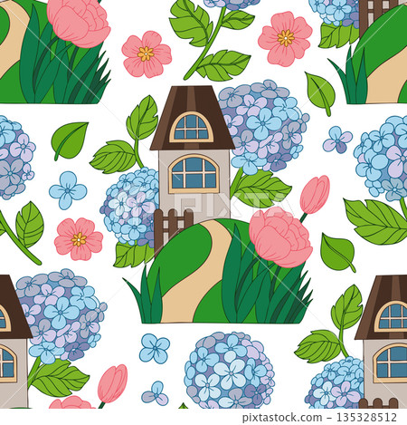 Seamless vector pattern. Illustration with a cute house and flowers. Meadow with hydrangeas and roses. Seamless vector pattern. Illustration with a cute house and flowers. Meadow with hydrangeas and roses. 135328512