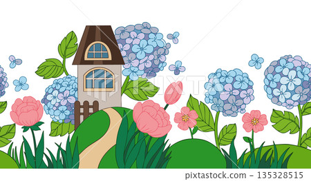 Seamless vector frame. Illustration with a cute house and flowers. Meadow with hydrangeas and roses. 135328515