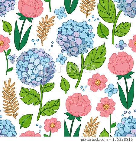 Seamless vector pattern. Illustration with blue hydrangeas and pink roses. 135328516
