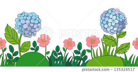 Seamless frame. Vector illustration of a meadow with hydrangea flowers. 135328517