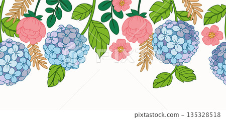 Seamless vector frame. Illustration with blue hydrangeas and pink roses. 135328518