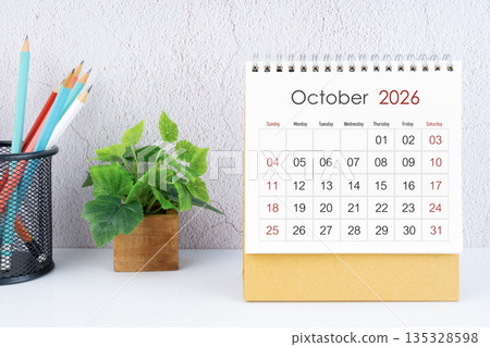 October 2026 Desk Calendar with pencil. October 2026 Desk Calendar with pencil. 135328598