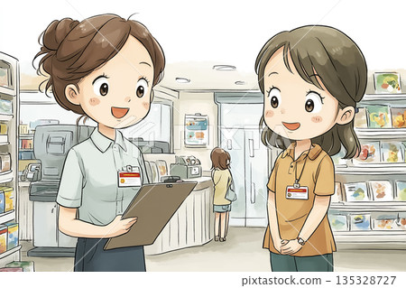 便利商店女店員指導新進員工的訓練場景 | 訓練與在職訓練圖片 135328727