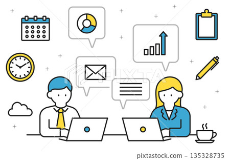 Set of men and women working on computers and business icons - Color Set of men and women working on computers and business icons - Color 135328735