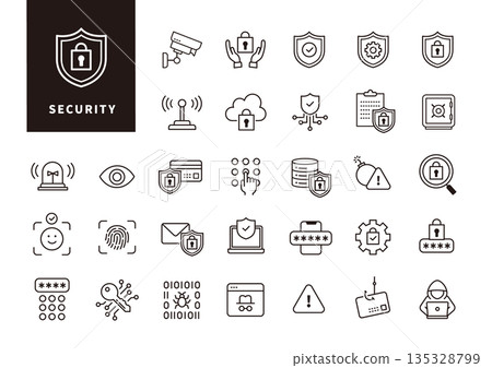 A set of black line icons of security features representing information protection and authentication management 135328799
