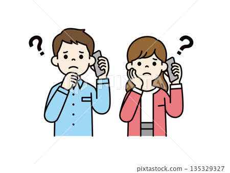 一組向量插圖素材,描繪了一對年輕男女/情侶正在用手機諮詢,表情焦慮。 (彩色) 一組向量插圖素材,描繪了一對年輕男女/情侶正在用手機諮詢,表情焦慮。 (彩色) 135329327