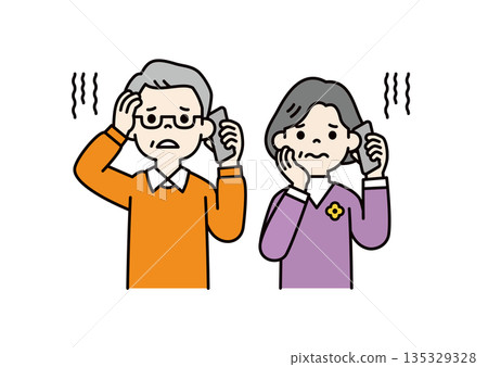 Vector illustration material set of elderly men and women consulting on smartphones with worried expressions_Color 135329328