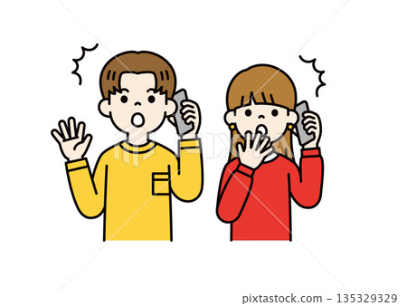 Vector illustration material set of a student couple in their teens and twenties talking on a smartphone with a surprised expression_Color Vector illustration material set of a student couple in their teens and twenties talking on a smartphone with a surprised expression_Color 135329329