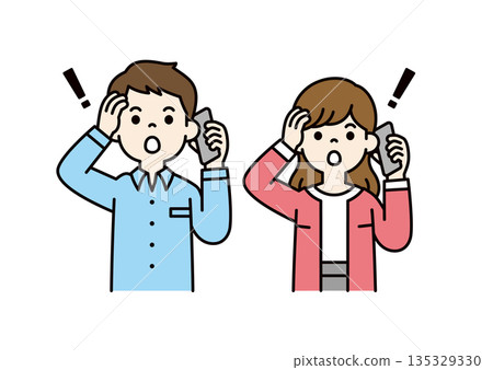Vector illustration material set of young men and women/couples talking on smartphones with surprised expressions_Color 135329330