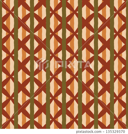 Abstract vector seamless pattern. Modern ornamental design with wavy stripes and geometric shapes in warm terracotta brown and beige tones. Ethnic rustic repeat tile with retro vintage autumn feel 135329370