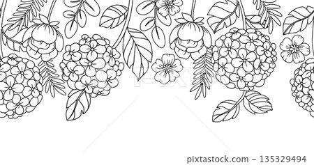 Seamless vector frame. Illustration with hydrangeas and pink roses. Coloring book Seamless vector frame. Illustration with hydrangeas and pink roses. Coloring book 135329494