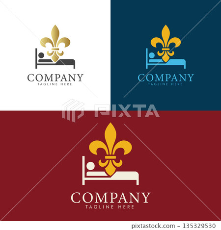 Luxury Bed Logo with Fleur-de-Lis. Elegant Boutique Hotel Resort Branding 135329530