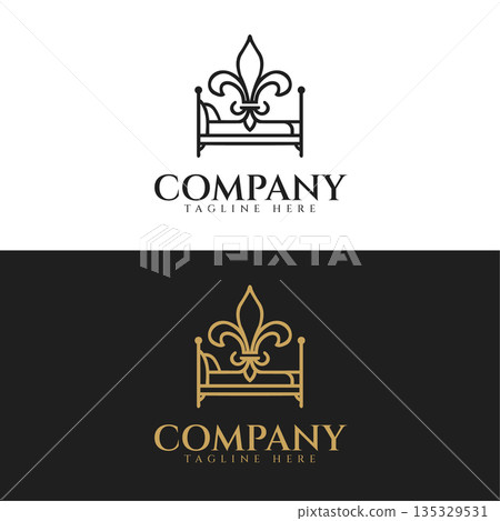 Minimal Luxury Bed Logo with Fleur-de-Lis. Elegant Hotel Boutique Branding Minimal Luxury Bed Logo with Fleur-de-Lis. Elegant Hotel Boutique Branding 135329531