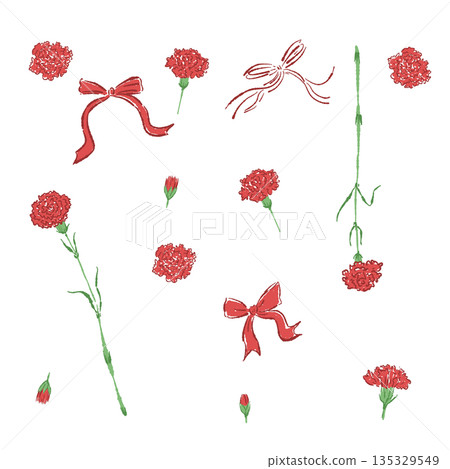 母親節紅色康乃馨手繪彩色插畫（邊框、花環、花束等） 135329549