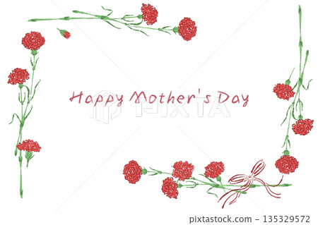 母親節紅色康乃馨手繪彩色插畫（邊框、花環、花束等） 135329572