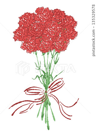 Mother's Day red carnation hand-drawn color illustration material (frame, wreath, bouquet, etc.) 135329578
