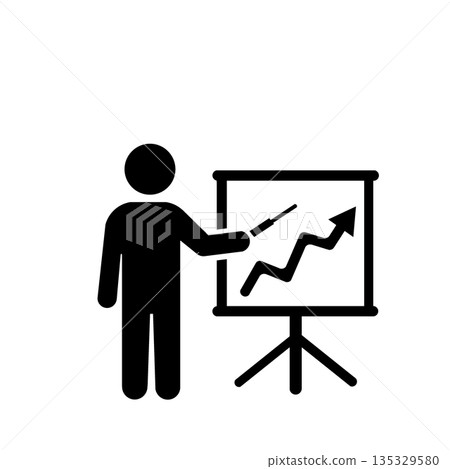 Presentation scene pictogram (black) that conveys results and growth 135329580