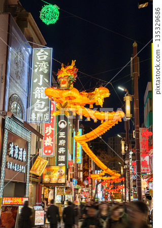 Yokohama Chinatown: Main street at night, Chinese New Year dragon lantern decorations Yokohama Chinatown: Main street at night, Chinese New Year dragon lantern decorations 135329686