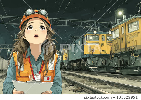 Female staff checking freight trains at a railway yard at night | Nighttime inspection and logistics site 135329951